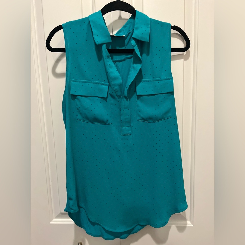 Teal  w Black polka dots Sleeveless Women's Top VGuc - Picture 3 of 6